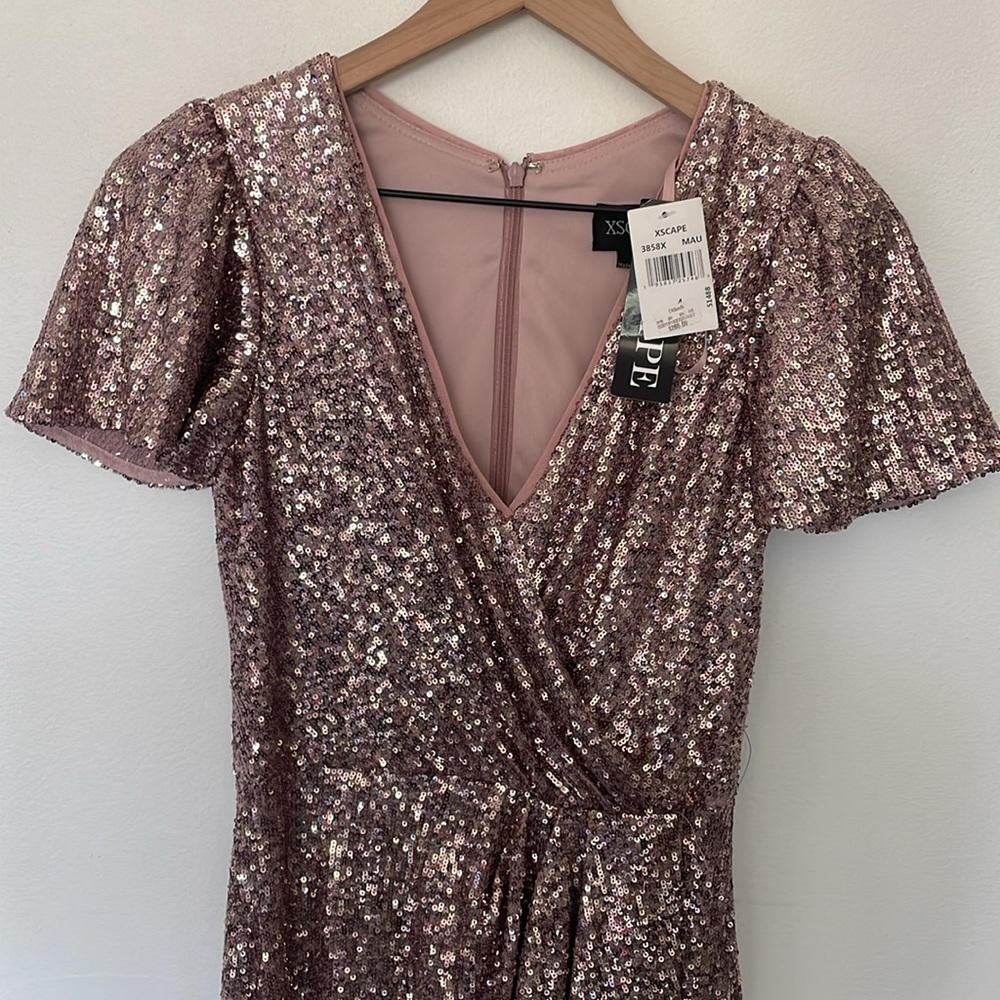 XSCAPE | Blush Pink Sequin Flutter Sleeve Surplice Tulip Midi Dress NWT Size 4 - Picture 4 of 12